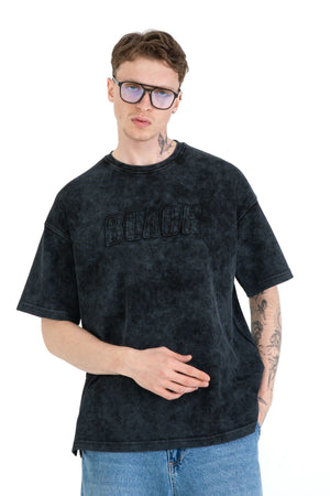 Double Pike Yıkamalı Kumaş BLACK Yazılı Aplike Nakışlı Oversize T-shirt